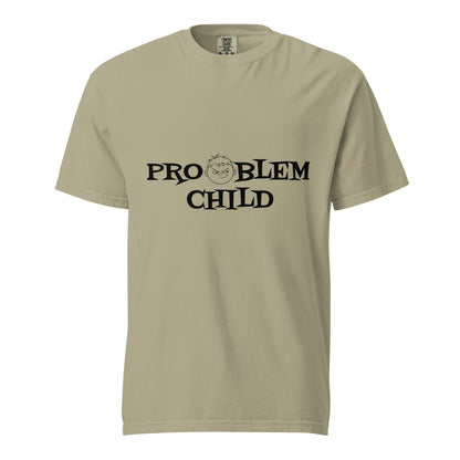 Unisex Problem Child heavyweight T-shirt by wayward.biz in khaki, garment-dyed fabric with a front view.