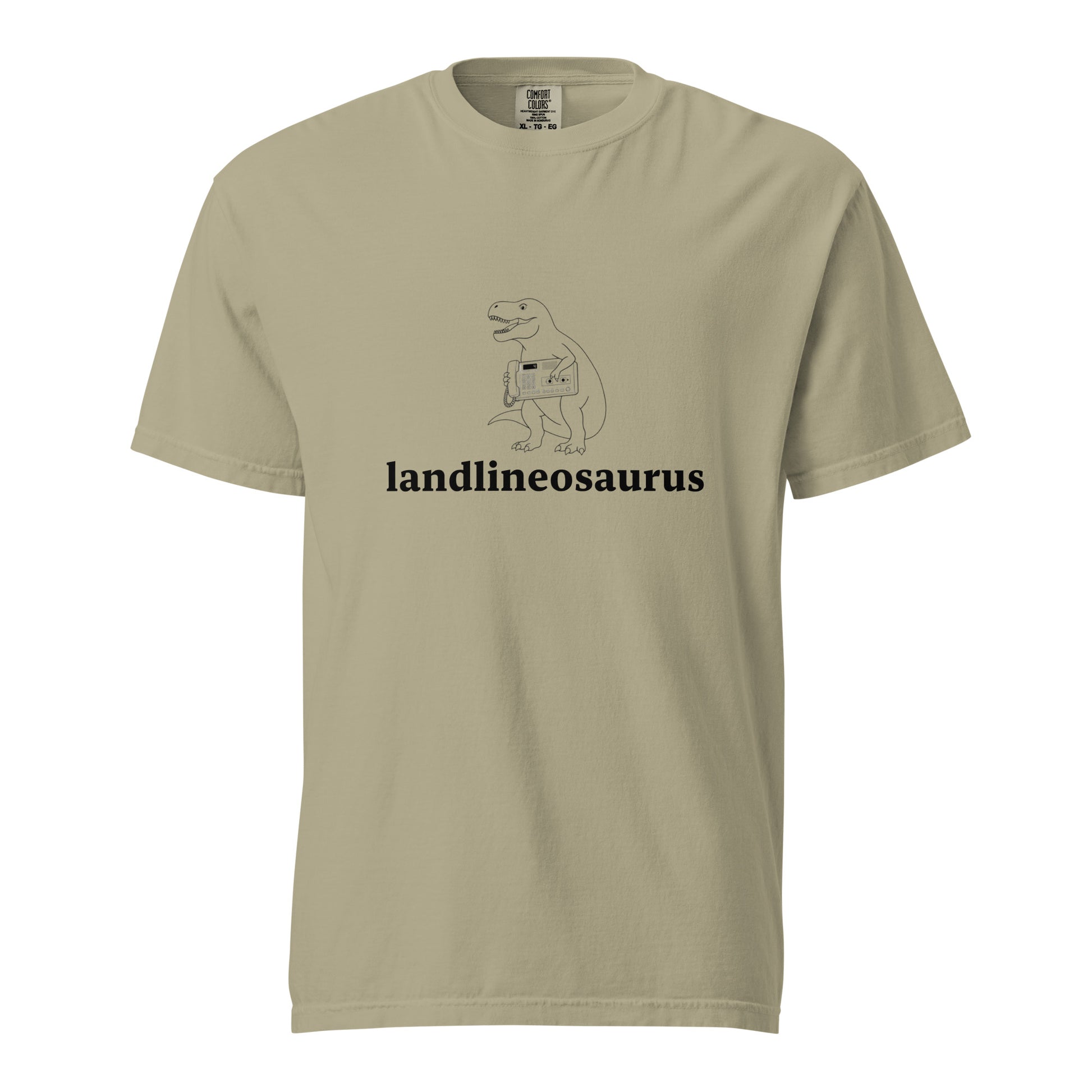 Unisex Landlineosaurus heavyweight garment-dyed T-shirt in khaki, featuring a front view and comfortable fit.