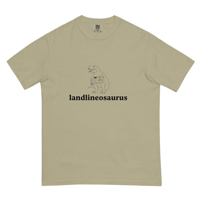 Unisex Landlineosaurus heavyweight garment-dyed T-shirt in khaki, featuring a front view and casual fit.