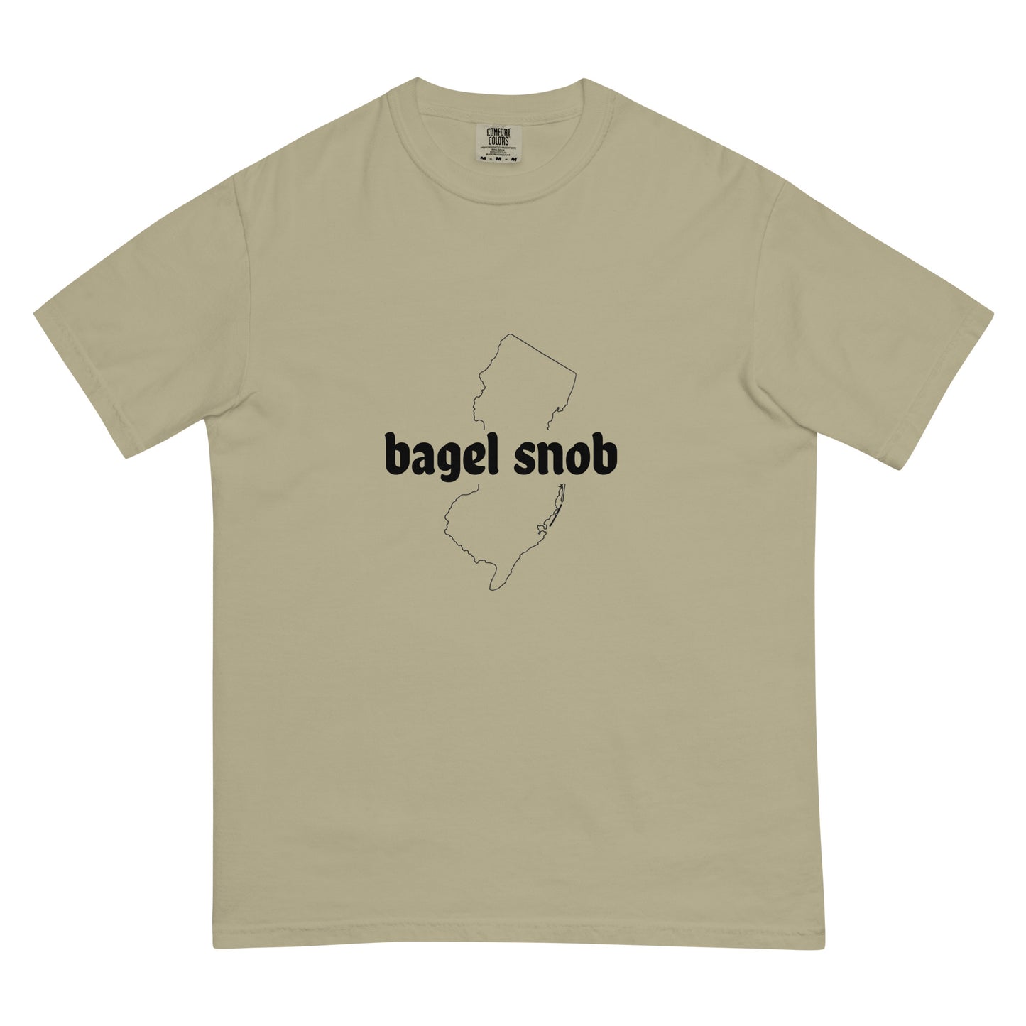 Unisex Bagel Snob heavyweight garment-dyed khaki T-shirt from wayward.biz, front view showing soft fabric and casual fit.
