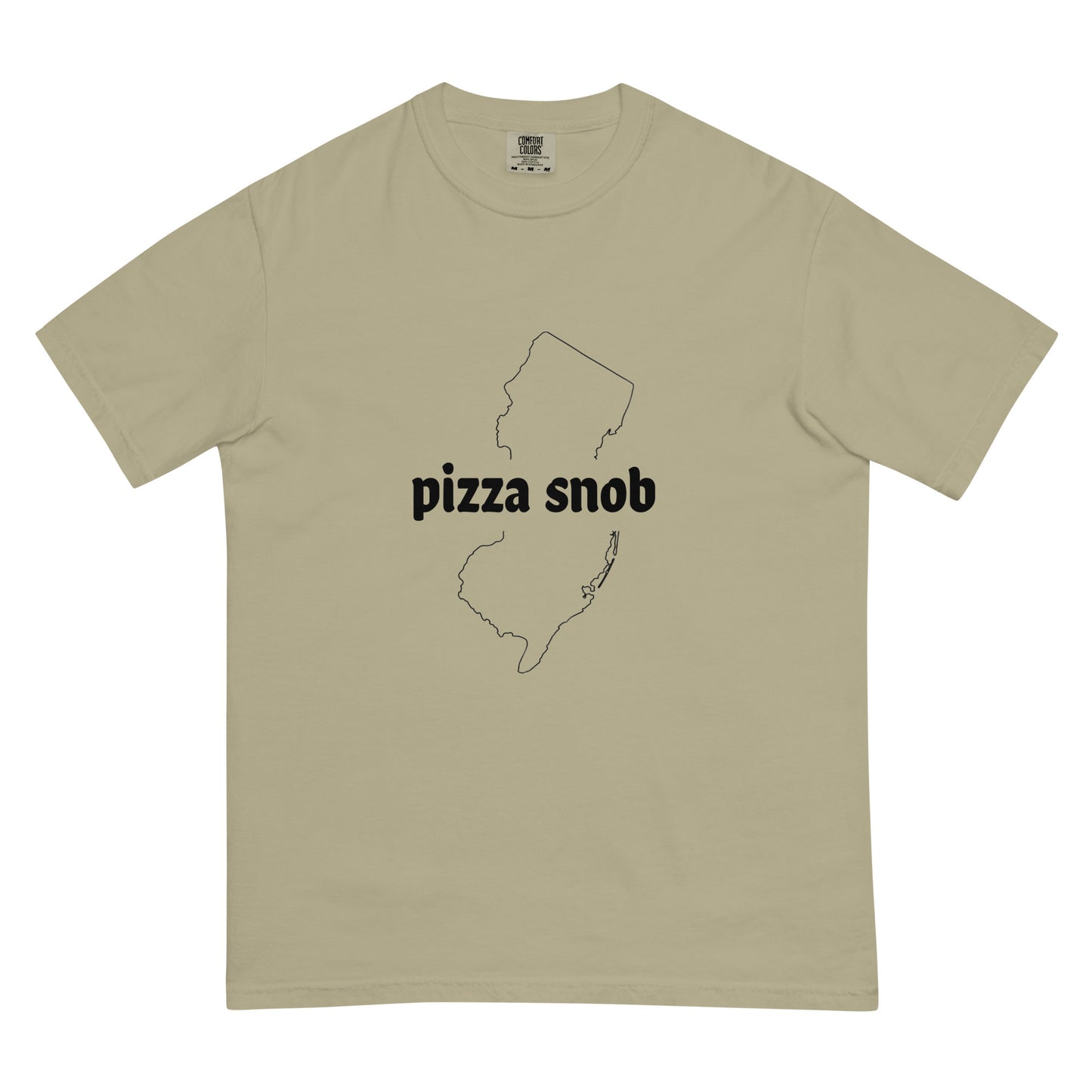 Unisex garment-dyed heavyweight khaki T-shirt from Pizza Snob by wayward.biz, showing the front view.
