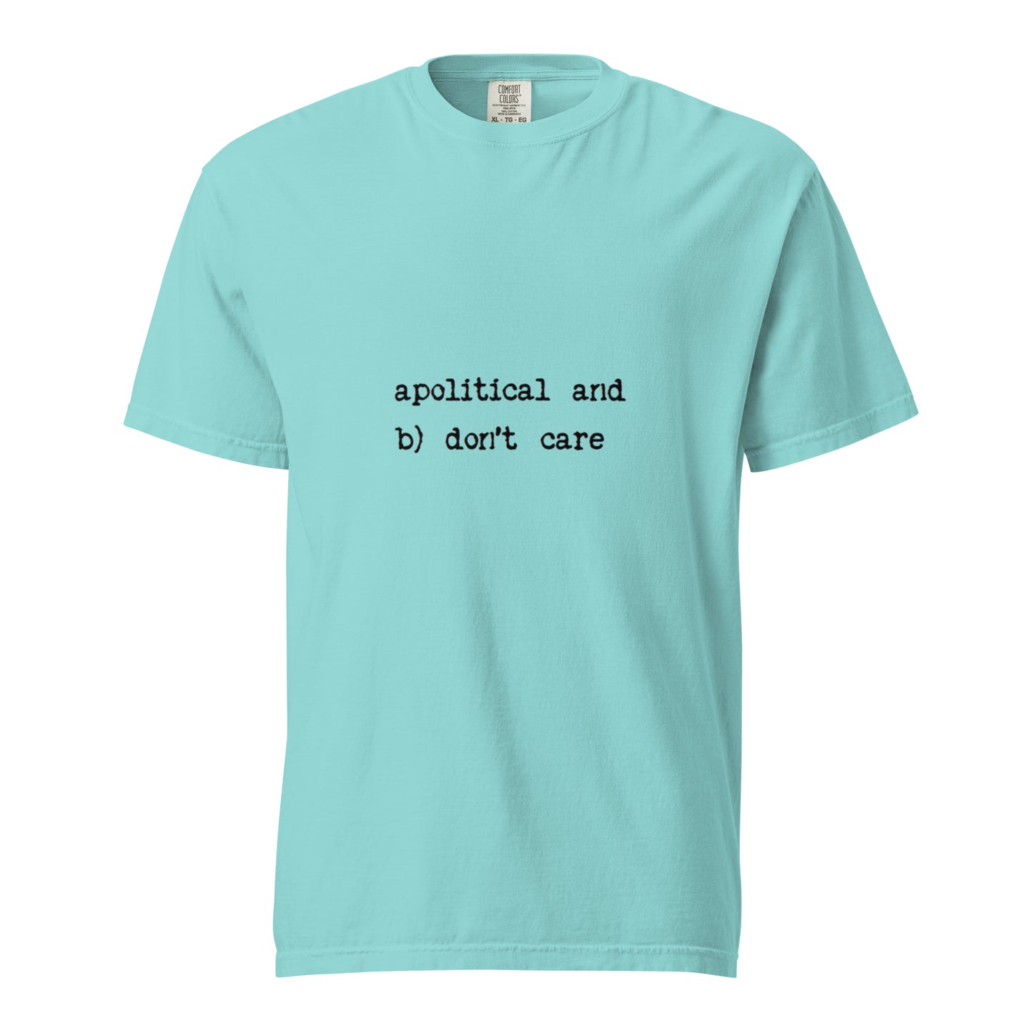A unisex garment-dyed heavyweight t-shirt in lagoon blue with a simple front design, by wayward.biz.