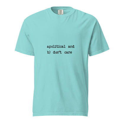 A unisex garment-dyed heavyweight t-shirt in lagoon blue with a simple front design, by wayward.biz.