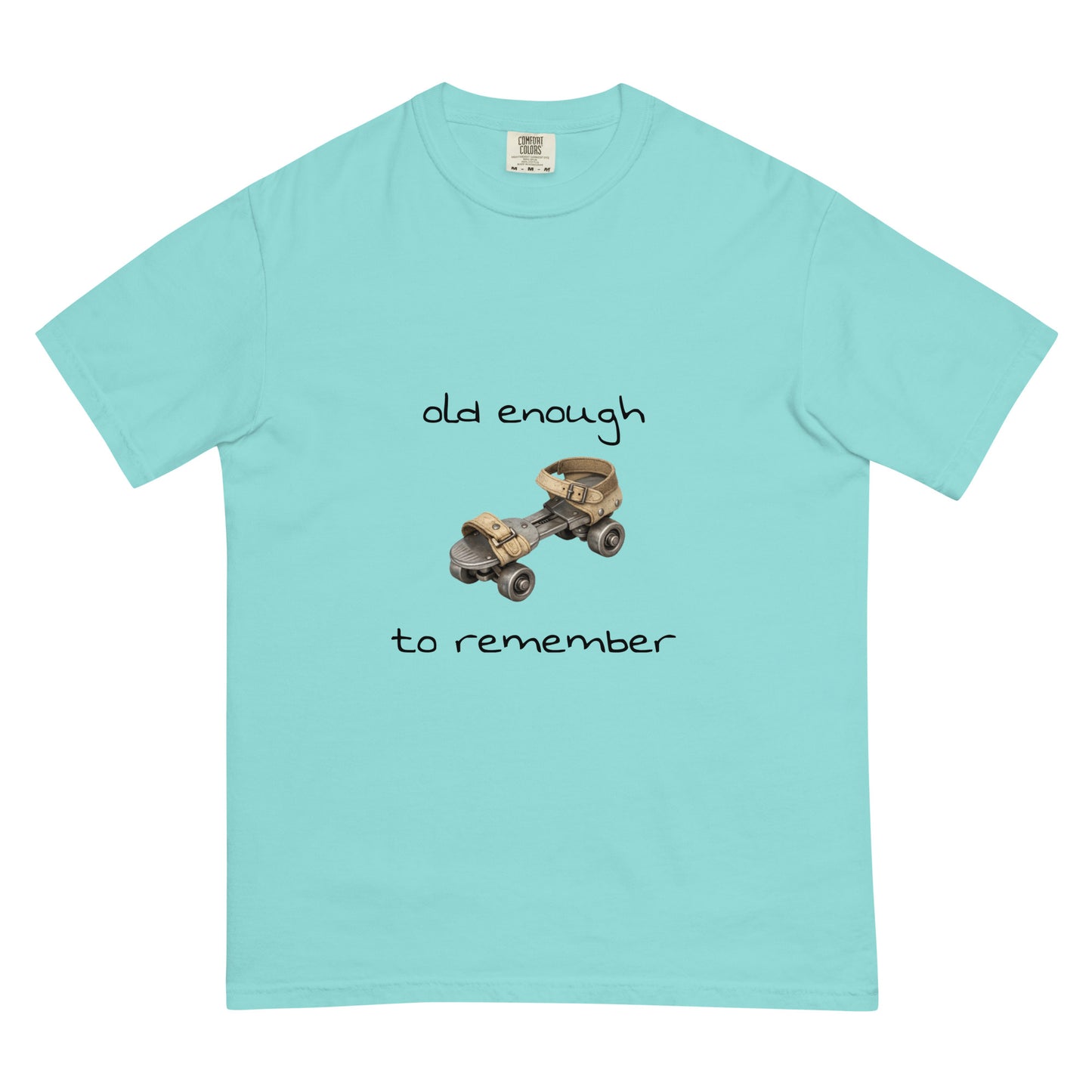 Unisex steel roller skates graphic T-shirt in lagoon blue, heavyweight garment-dyed fabric, casual wear by wayward.biz