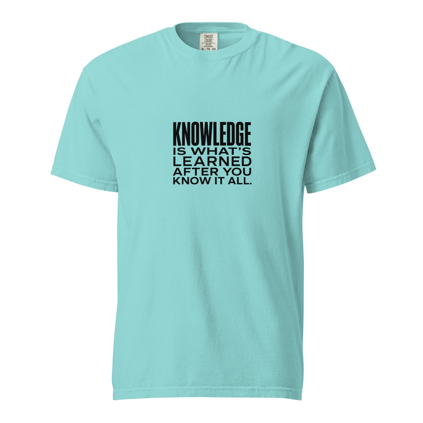 Unisex garment-dyed heavyweight T-shirt in lagoon blue with "Knowledge is what's learned after you know it all" print, by wayward.biz.