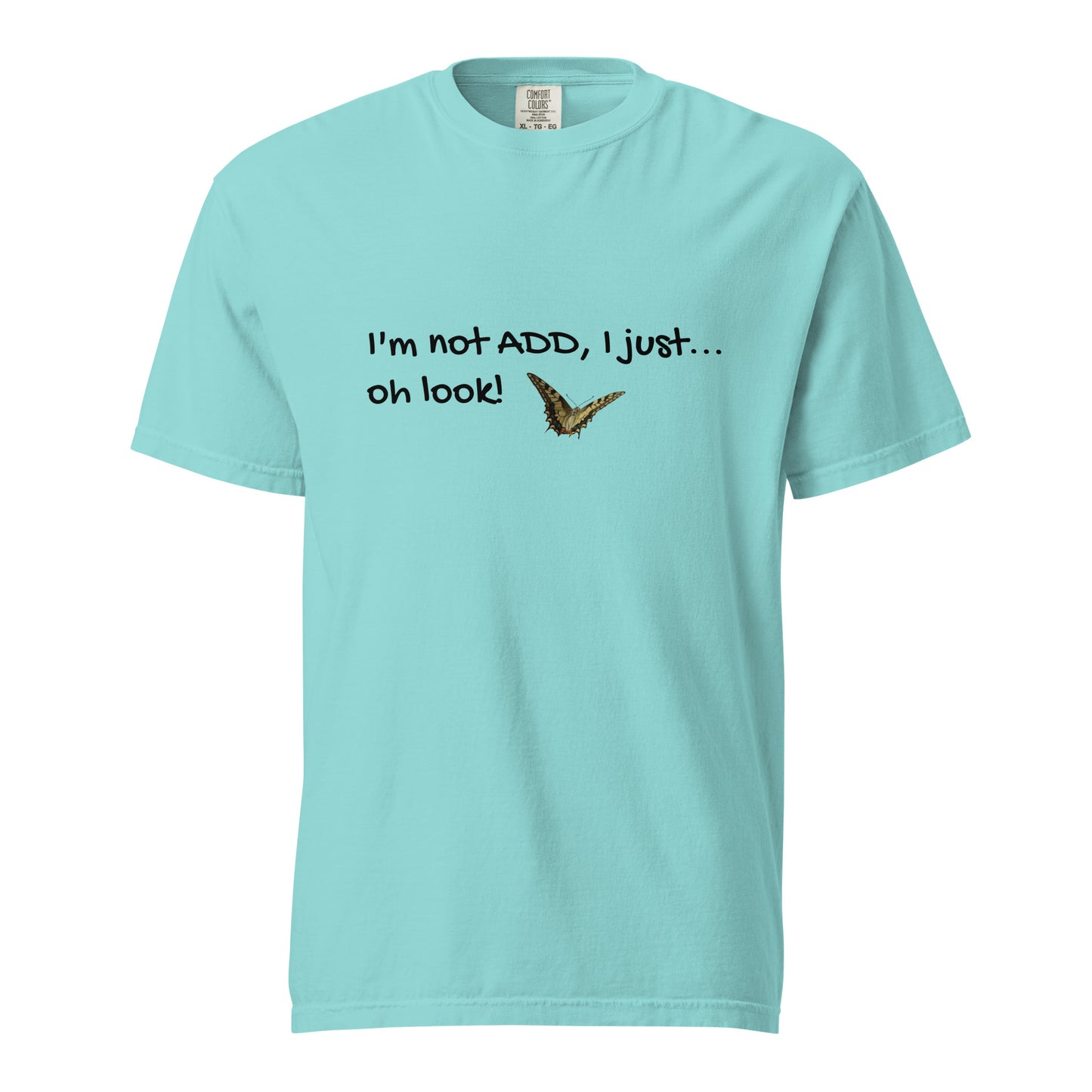 Unisex garment-dyed heavyweight T-shirt in lagoon blue by wayward.biz, front view showing soft fabric and casual fit.