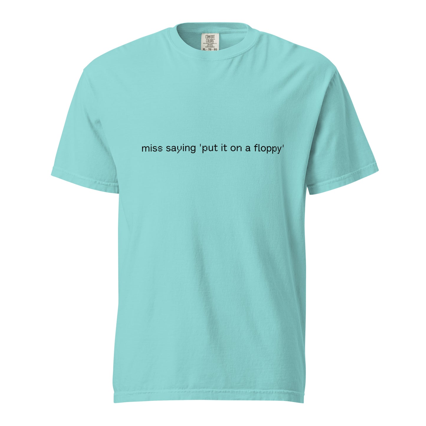 Wayward.biz unisex heavy-weight garment-dyed T-shirt in lagoon blue with front graphic design.