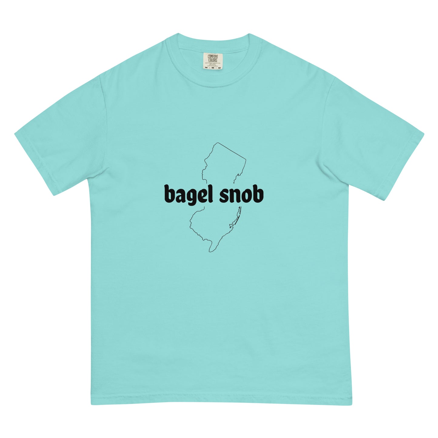 Unisex Bagel Snob garment-dyed heavyweight T-shirt in lagoon blue, showcasing front view with soft, durable fabric.