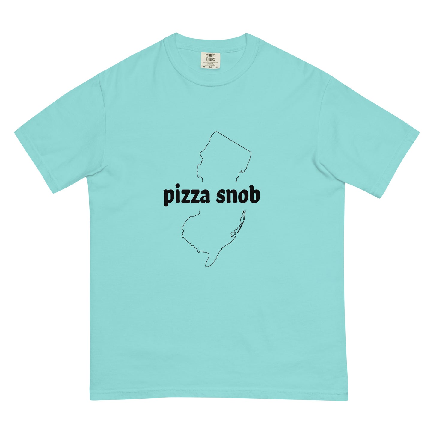 Unisex garment-dyed heavyweight blue t-shirt from Pizza Snob by wayward.biz, front view showing fabric texture and relaxed fit.