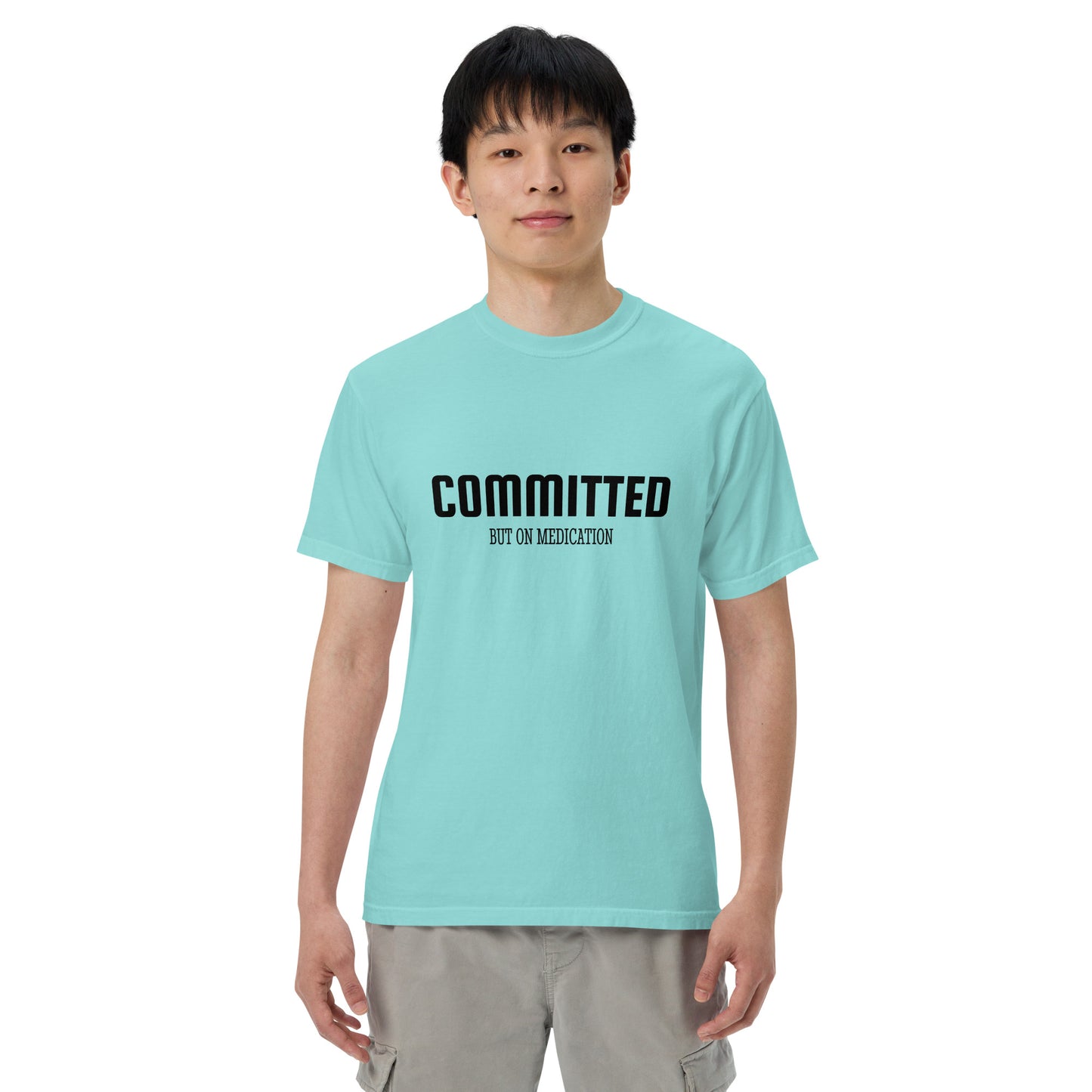 Unisex garment-dyed heavyweight T-shirt by Wayward.biz in lagoon blue, front view showing soft, durable fabric and classic fit.