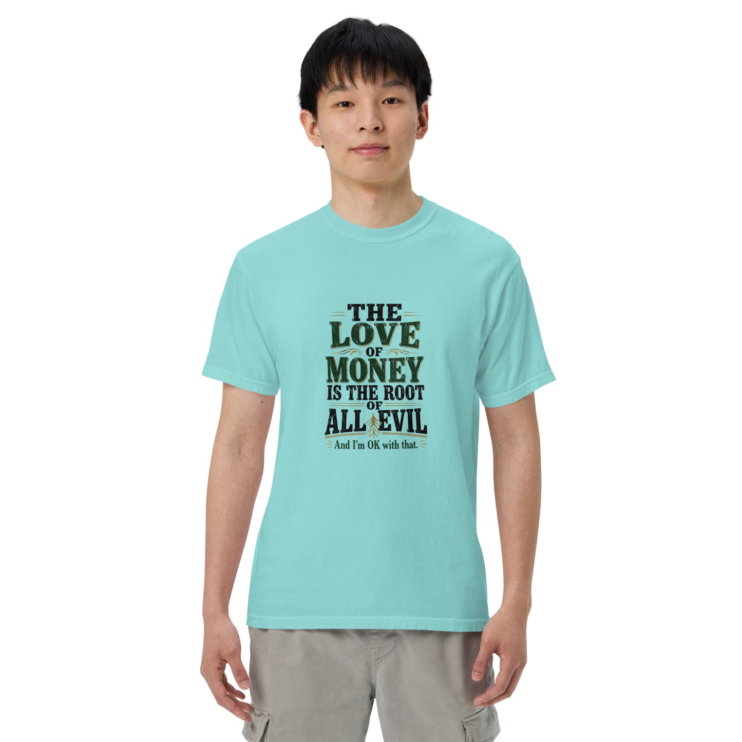 Unisex garment-dyed heavyweight T-shirt by wayward.biz in lagoon blue with printed message on front.