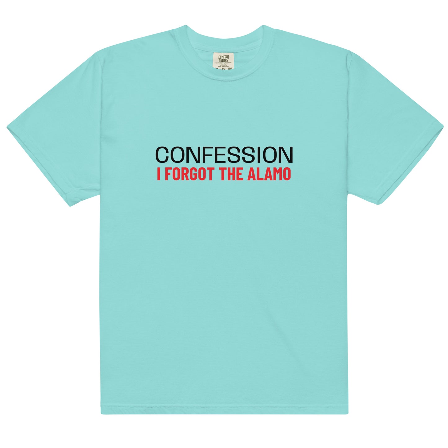 Unisex garment-dyed heavyweight T-shirt in lagoon blue with Confession - Forgot the Alamo graphic by wayward.biz, front view.