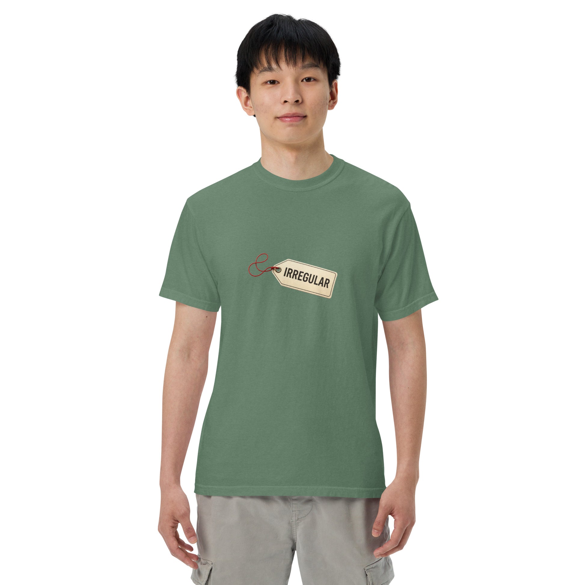 Light green unisex garment-dyed heavyweight T-shirt from wayward.biz, front view showing soft fabric and relaxed fit.