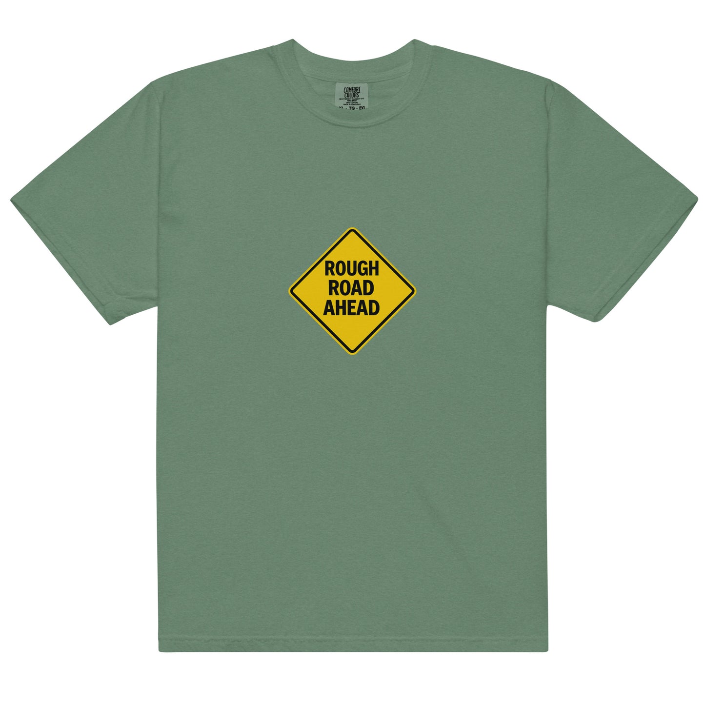 Unisex Light Green Rough Road Ahead heavyweight garment-dyed T-shirt by wayward.biz, front view displaying soft fabric and relaxed fit.