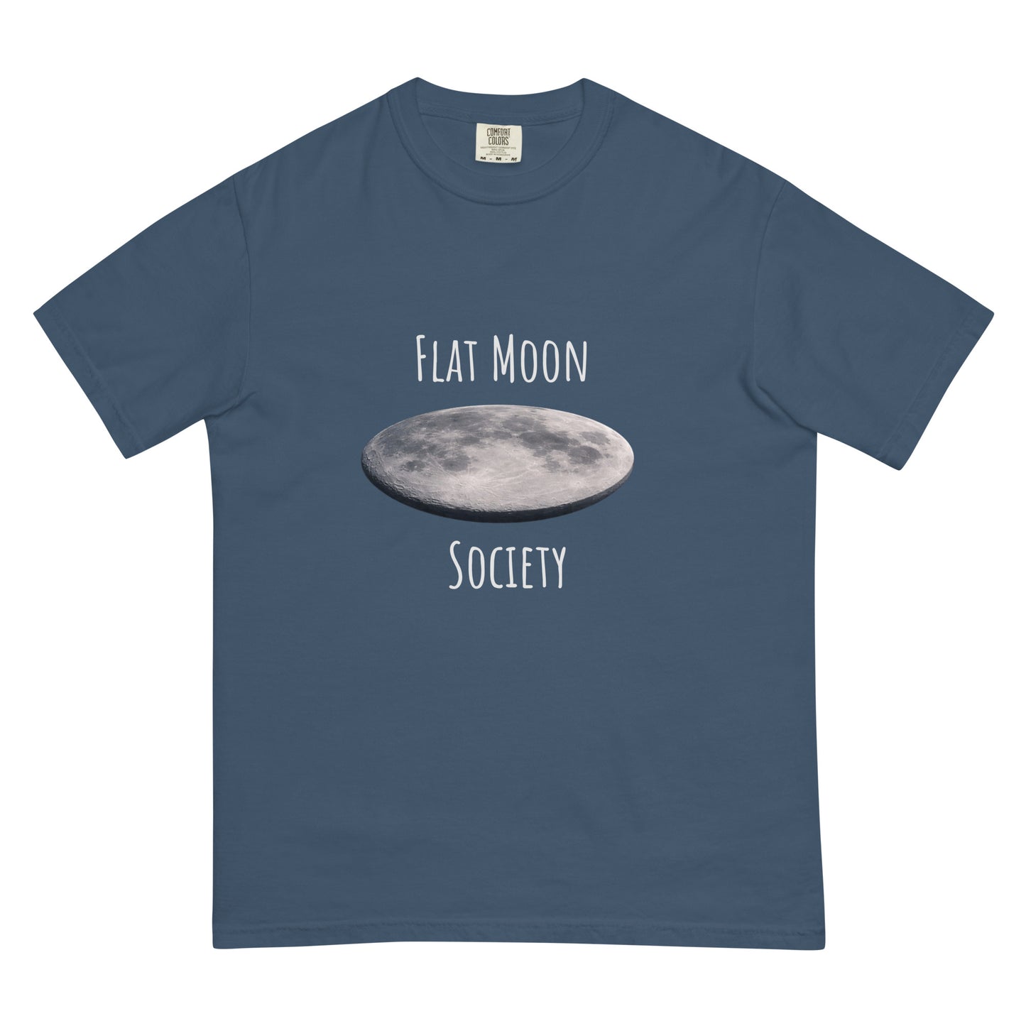 Unisex garment-dyed heavyweight t-shirt from Flat Moon Society in dark midnight color, displayed flat front view.
