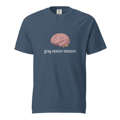 Gray Matter Matters unisex garment-dyed heavyweight T-shirt in dark gray, front view showcasing soft fabric and classic fit.