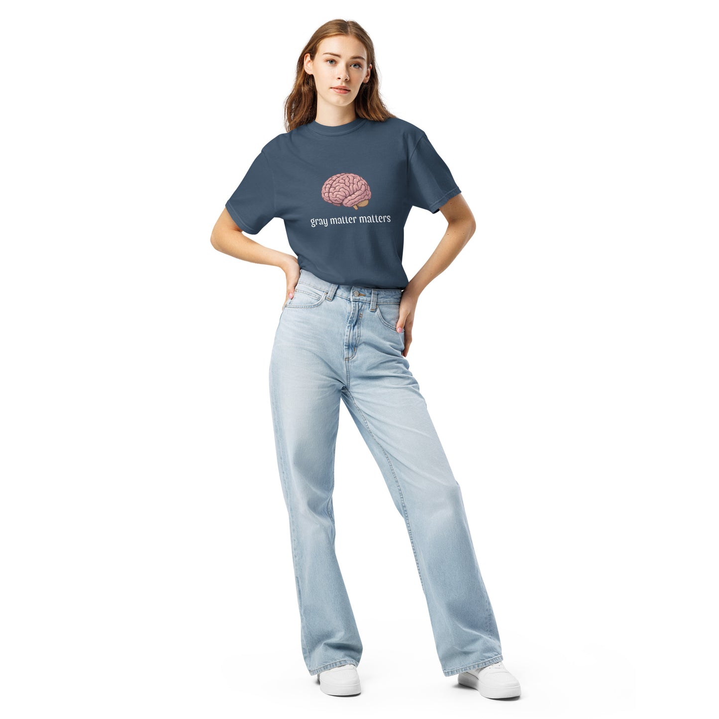 Gray Matter Matters unisex garment-dyed heavyweight T-shirt in dark gray, front view showing soft fabric and relaxed fit.