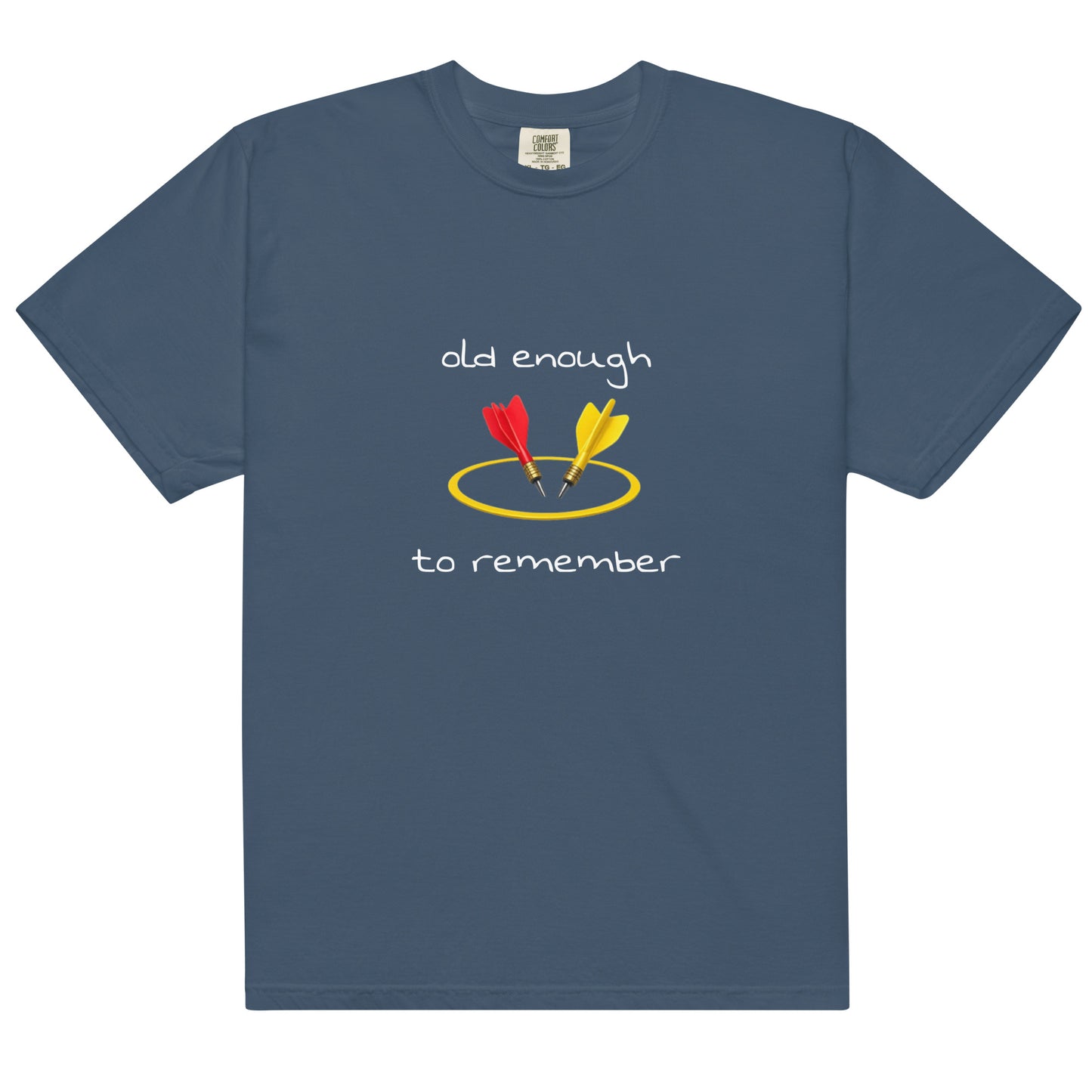 Unisex heavyweight T-shirt by wayward.biz featuring "Old enough to remember" slogan, garment-dyed in midnight color, front view.