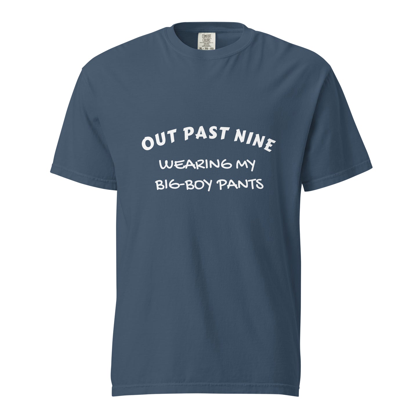 Unisex heavy-weight T-shirt from Out Past Nine, wearing my big-boy pants design, in midnight color, front view.