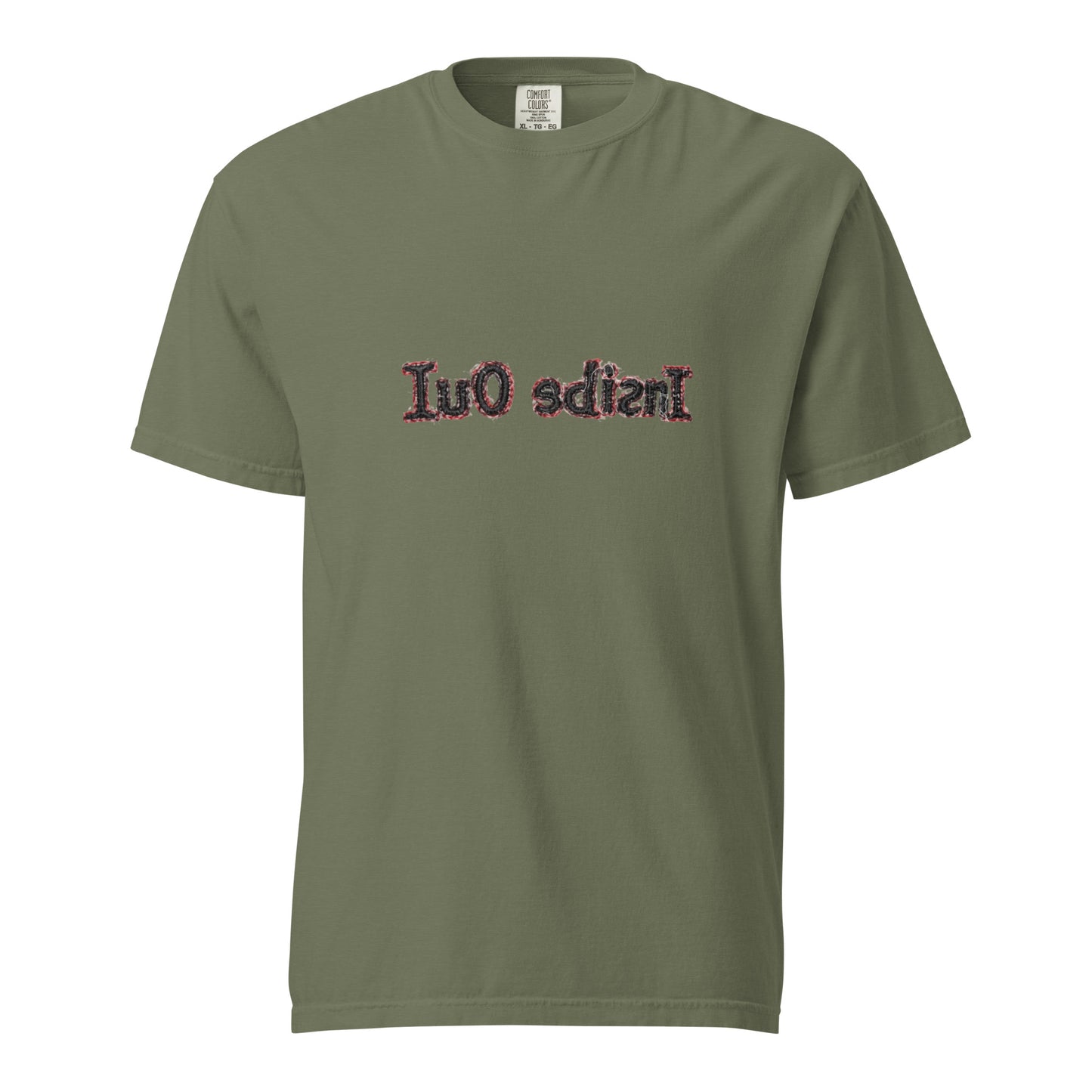 Unisex "Inside Out" garment-dyed heavyweight T-shirt in moss color, front view, casual style by wayward.biz.