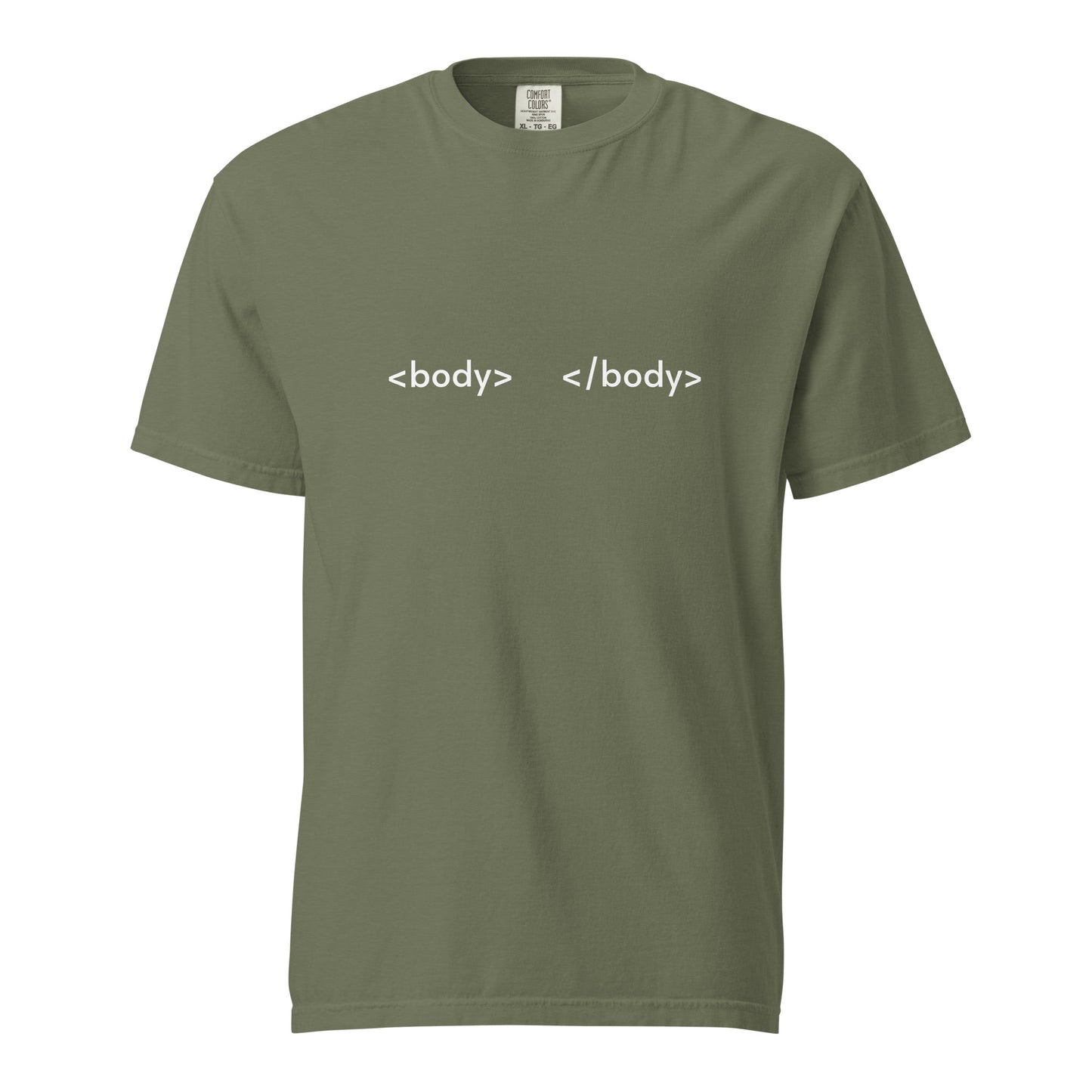 Unisex garment-dyed heavyweight T-shirt by wayward.biz in moss color, front view showing soft fabric and casual fit.