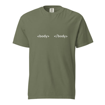 Unisex garment-dyed heavyweight T-shirt by wayward.biz in moss color, front view showing soft fabric and casual fit.