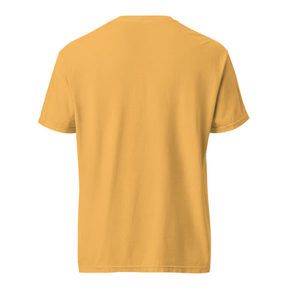 Unisex mustard View-Master heavy-weight garment-dyed T-shirt with back print, casual style by wayward.biz.
