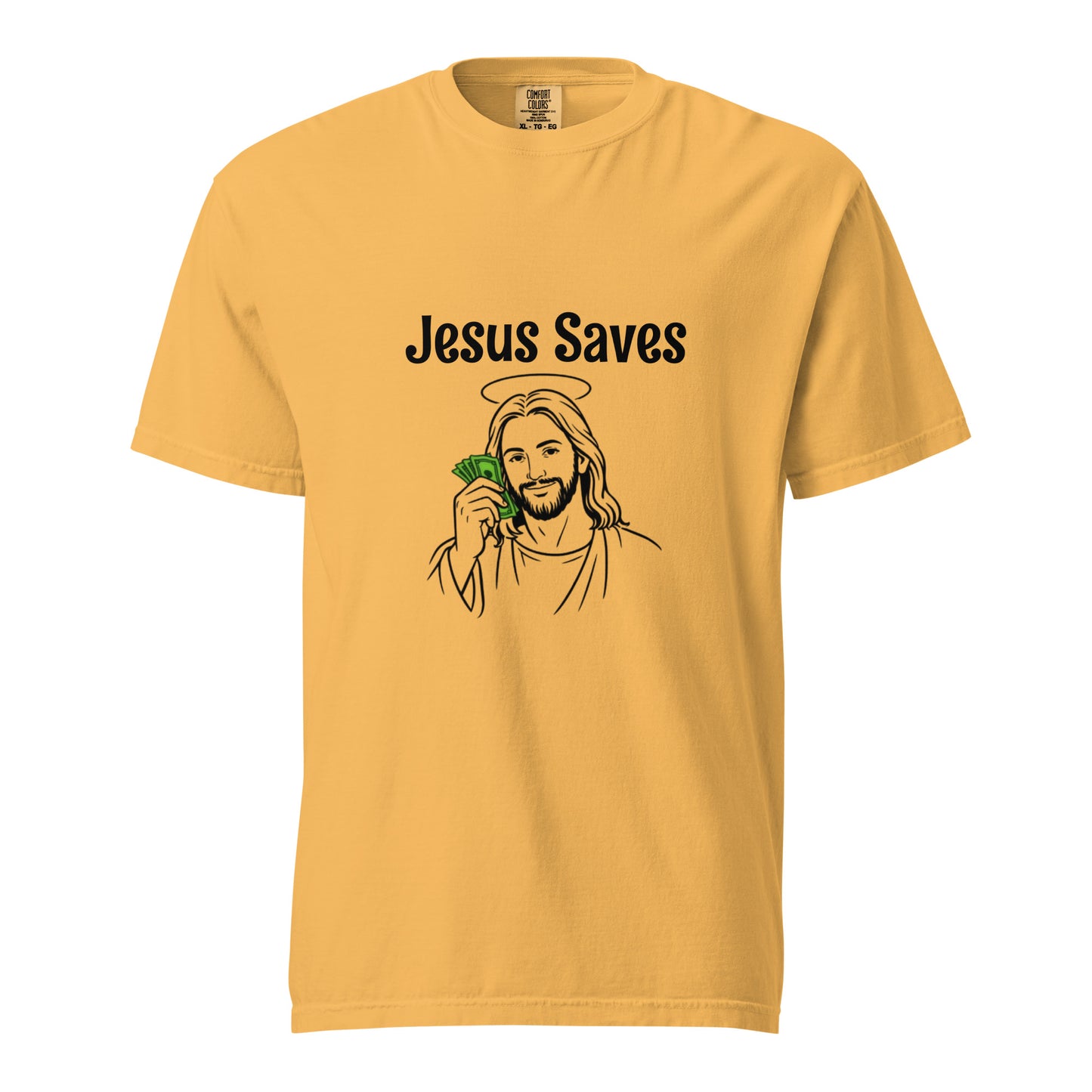 Unisex Jesus Saves heavyweight garment-dyed T-shirt in mustard, featuring front graphic design, from wayward.biz.