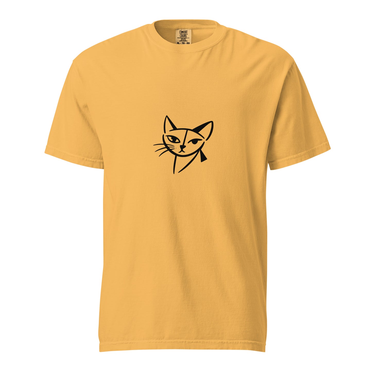 Unisex Feline face heavyweight garment-dyed T-shirt in mustard color, featuring a graphic design on the front.