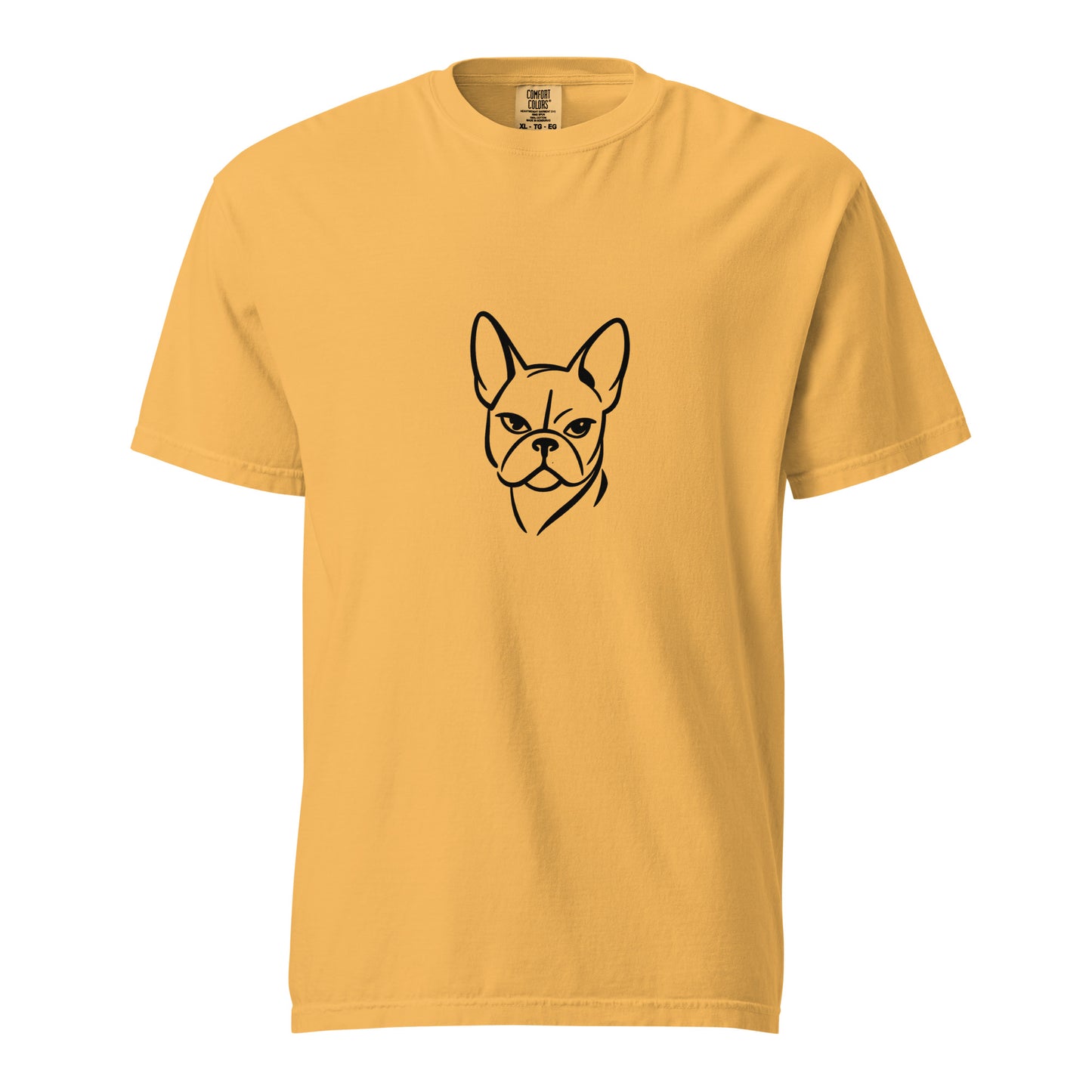 Unisex French Bulldog garment-dyed heavyweight T-shirt in mustard color, front view, casual style, comfortable fit.