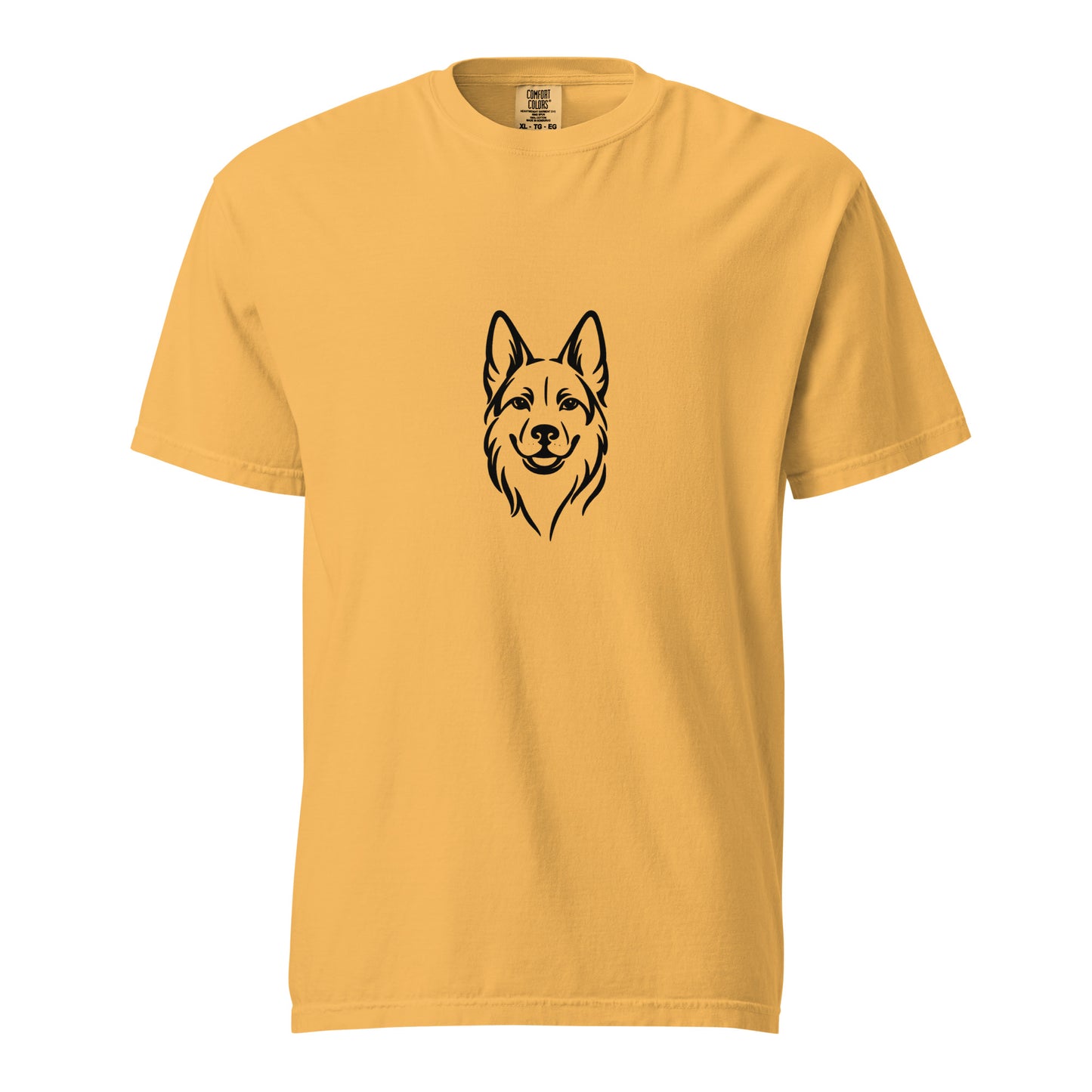Unisex German Shepherd graphic t-shirt in mustard color, heavyweight, garment-dyed fabric, front view.