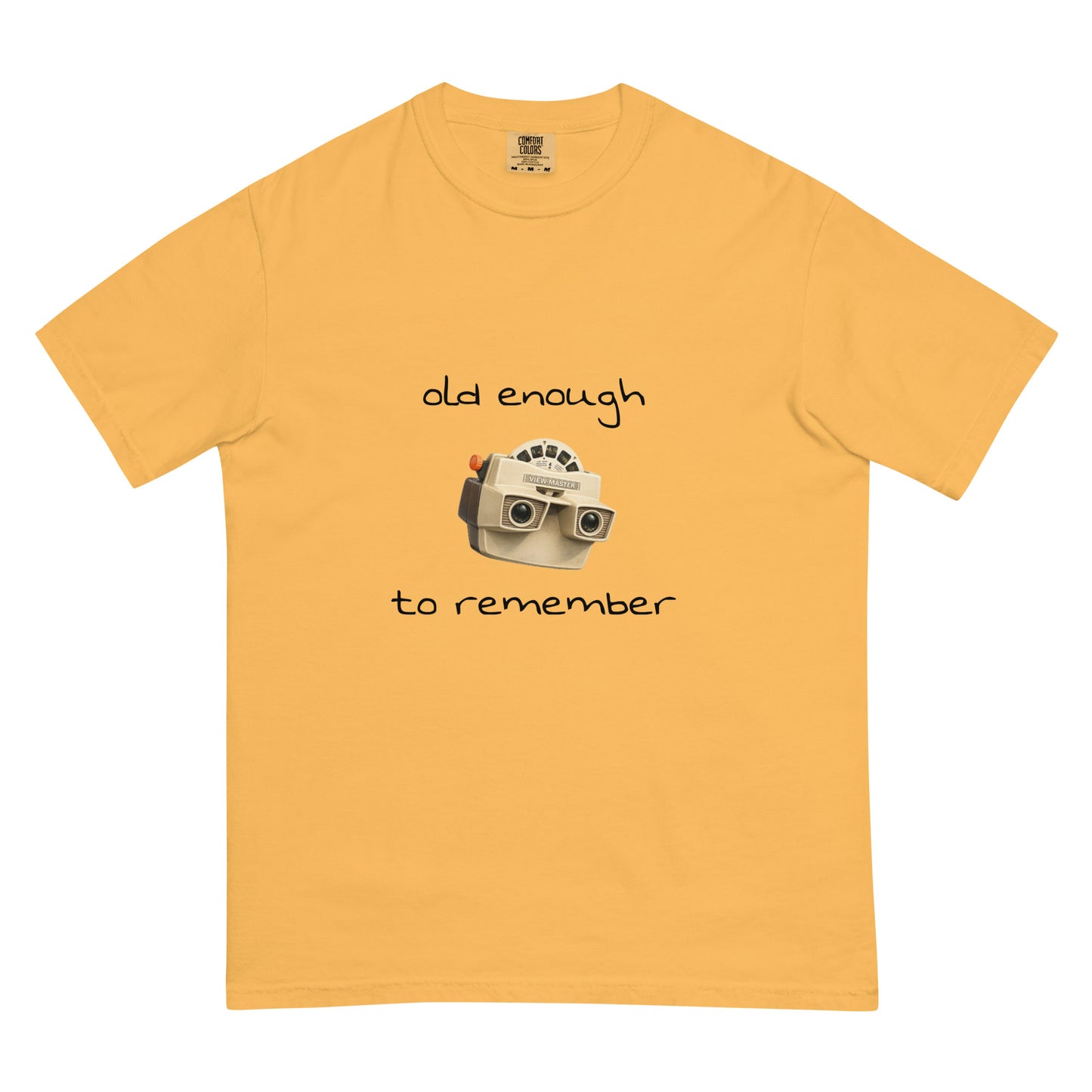 Unisex mustard View-Master heavyweight T-shirt by wayward.biz, featuring a comfortable garment-dyed fabric and classic fit.