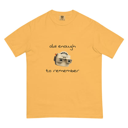 Unisex mustard View-Master heavyweight T-shirt by wayward.biz, featuring a comfortable garment-dyed fabric and classic fit.