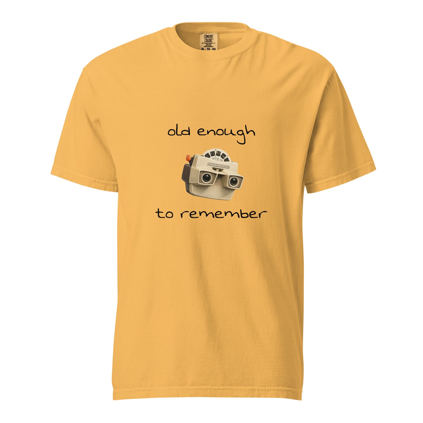 Unisex mustard View-Master heavyweight T-shirt by wayward.biz featuring a front graphic design.
