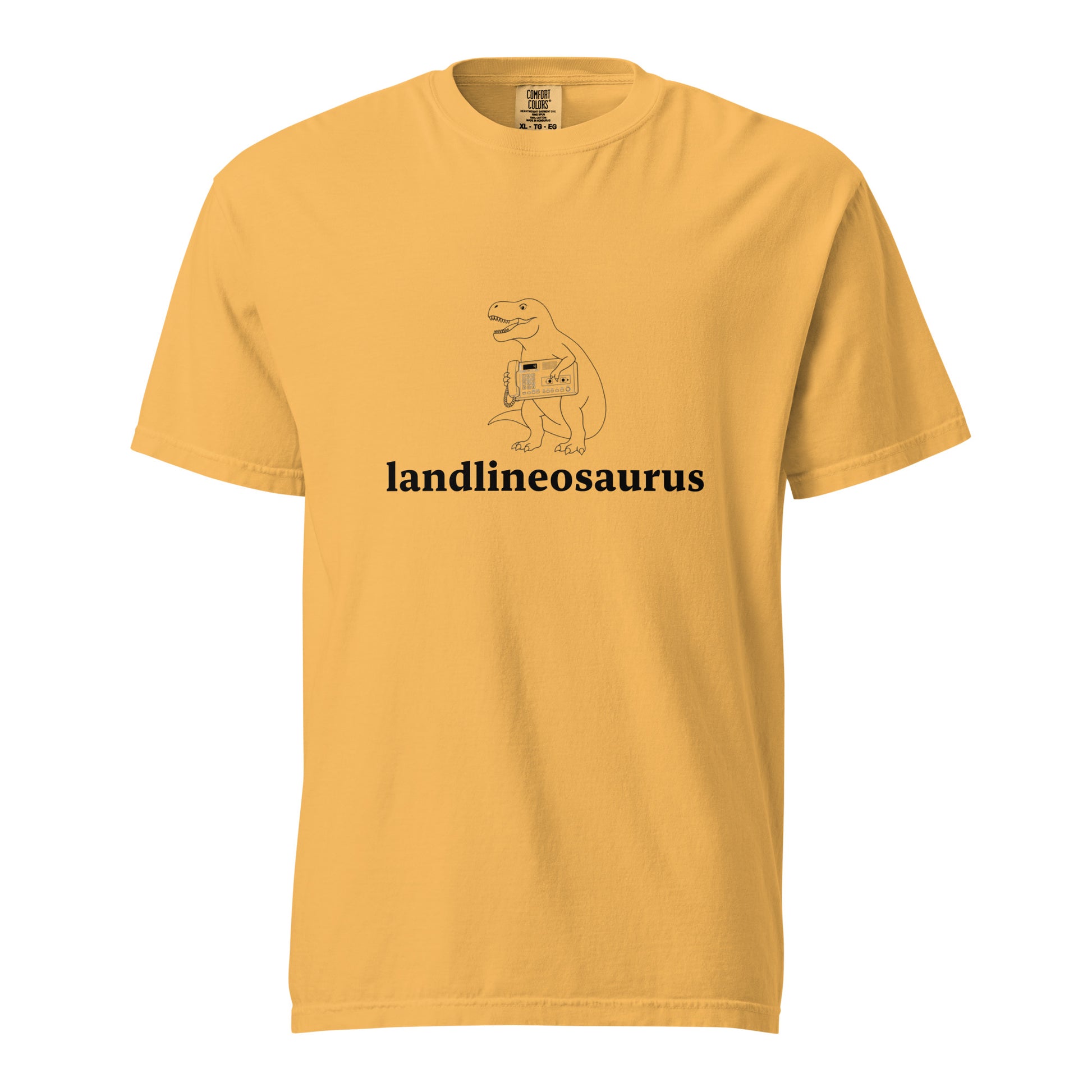 Unisex Landlineosaurus heavyweight garment-dyed T-shirt in mustard color, front view, casual style, by wayward.biz.