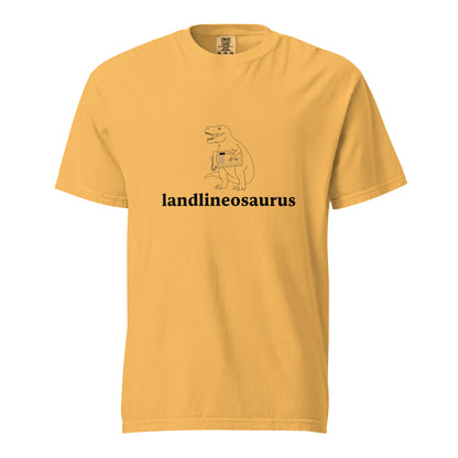 Unisex Landlineosaurus heavyweight garment-dyed T-shirt in mustard color, front view, casual style, by wayward.biz.