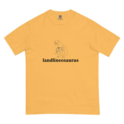 Unisex Landlineosaurus heavyweight garment-dyed T-shirt in mustard color, front view showing soft fabric and casual fit.