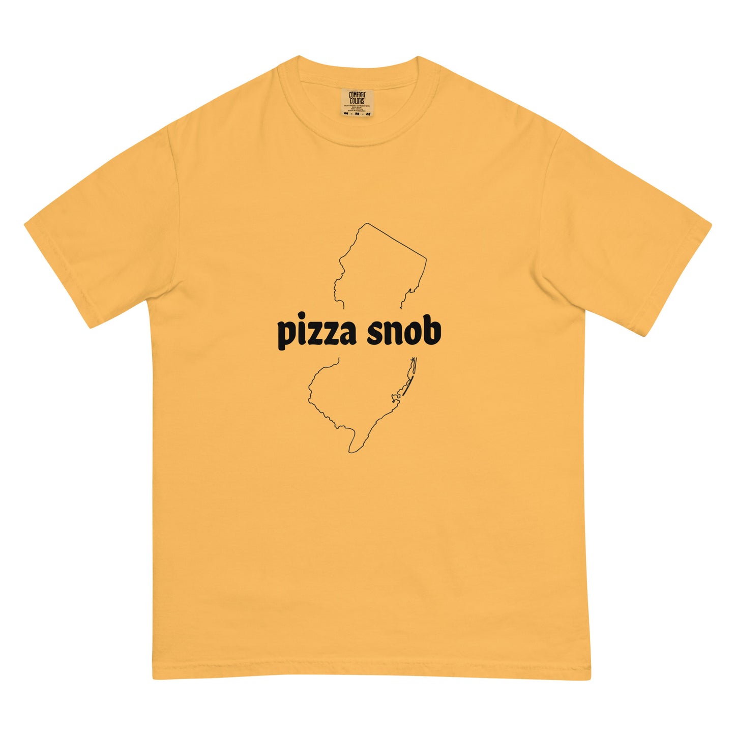 Unisex garment-dyed heavyweight mustard T-shirt from Pizza Snob by wayward.biz, front view showing soft fabric and classic fit.
