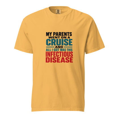 Unisex mustard heavy-weight T-shirt from wayward.biz with a humorous infectious disease print on the front.