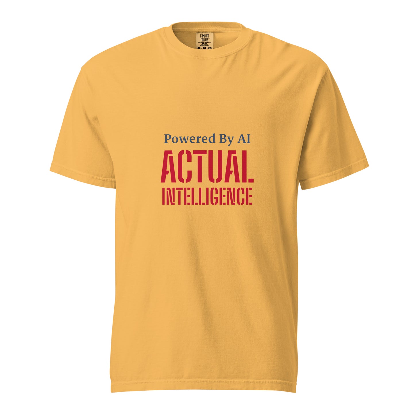 Unisex garment-dyed heavyweight t-shirt in mustard color with front design, by wayward.biz, made with AI-inspired actual intelligence.
