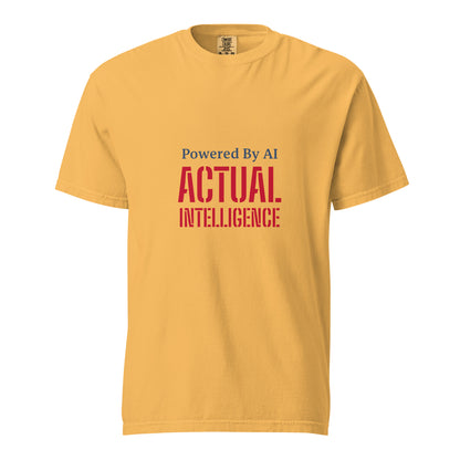 Unisex garment-dyed heavyweight t-shirt in mustard color with front design, by wayward.biz, made with AI-inspired actual intelligence.