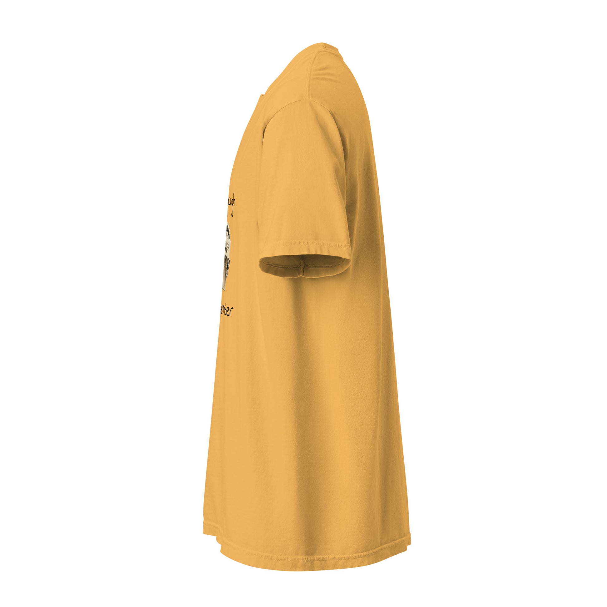 Unisex garment-dyed heavyweight mustard T-shirt with "Old enough to remember" print by Wayward.biz, front view.