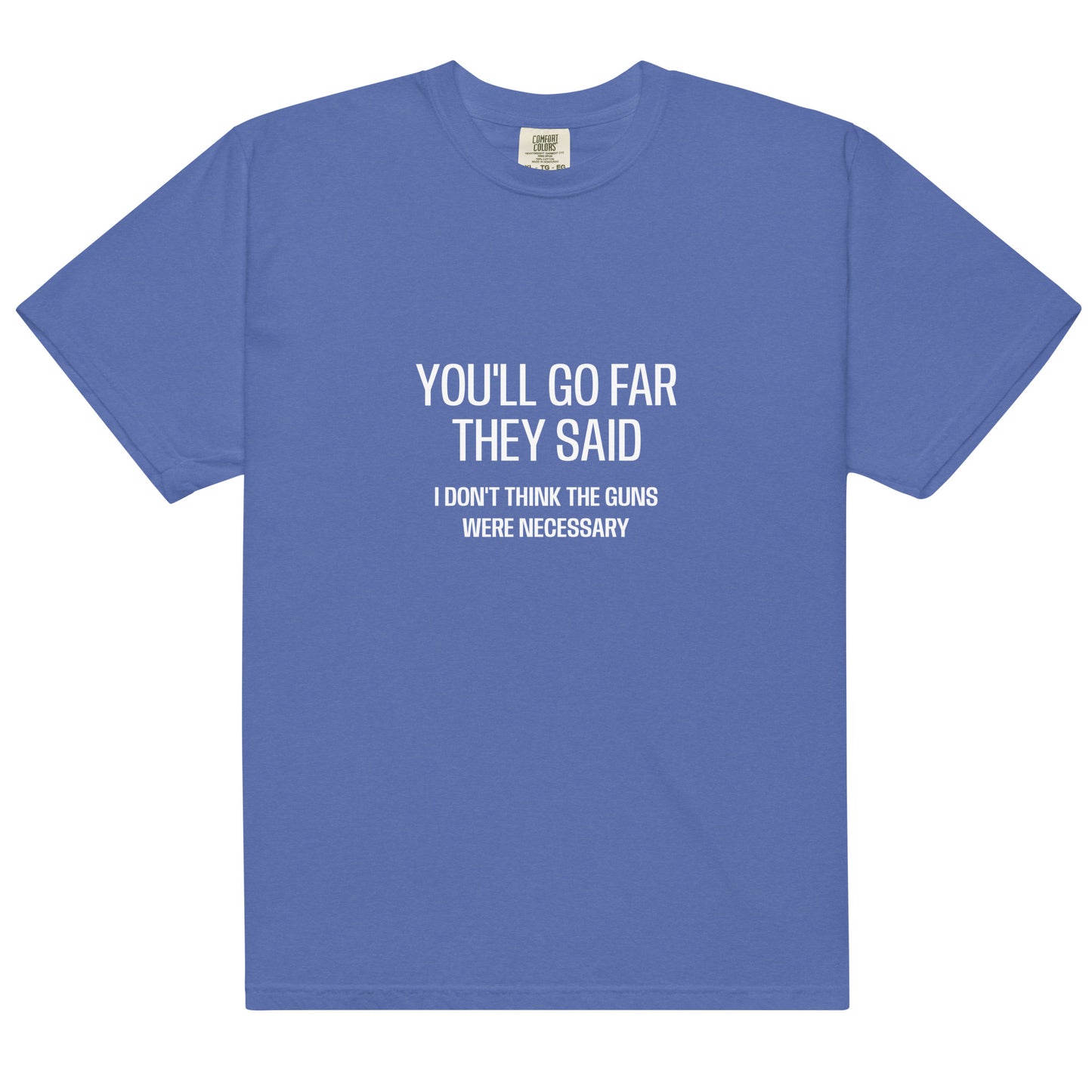 Unisex garment-dyed heavyweight T-shirt in Mystic Blue with a front design, from wayward.biz.