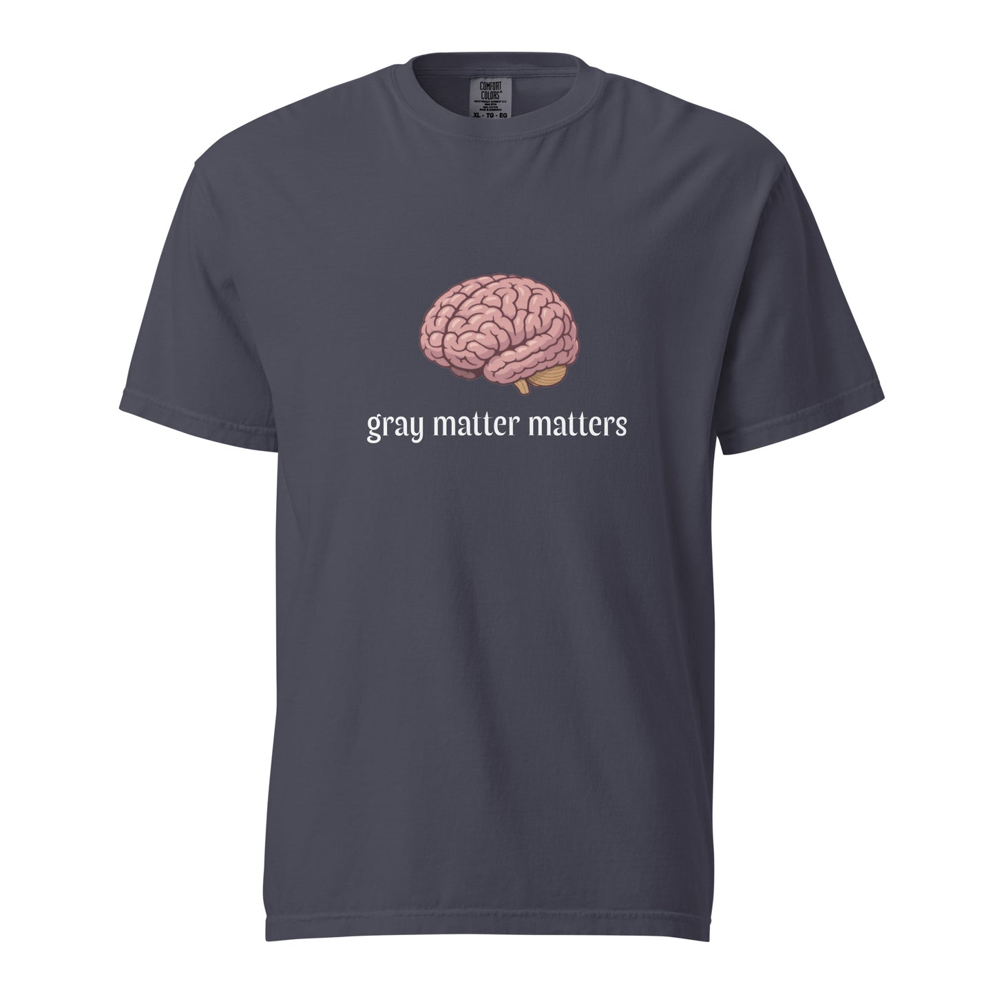 Gray Matter Matters unisex garment-dyed heavyweight T-shirt in dark navy, front view showing soft fabric and classic fit.