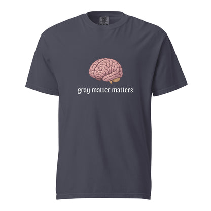 Gray Matter Matters unisex garment-dyed heavyweight T-shirt in dark navy, front view showing soft fabric and classic fit.