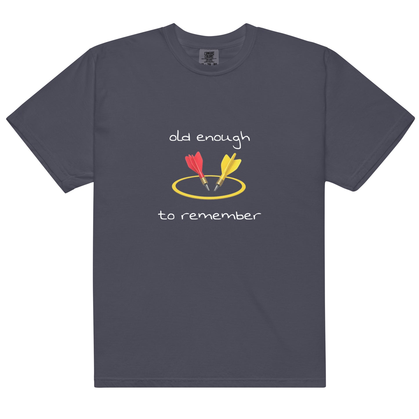 Unisex navy heavyweight T-shirt with "Old enough to remember" slogan, garment-dyed, from wayward.biz.