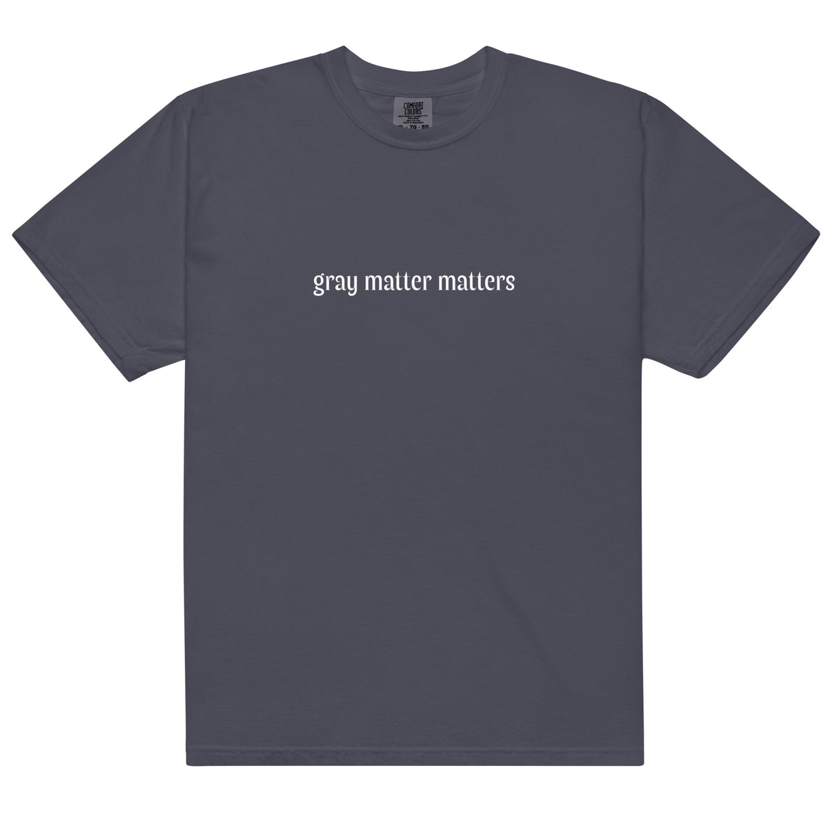 Gray Matter Matters unisex garment-dyed heavyweight T-shirt in dark navy, front view showing soft fabric and casual fit.