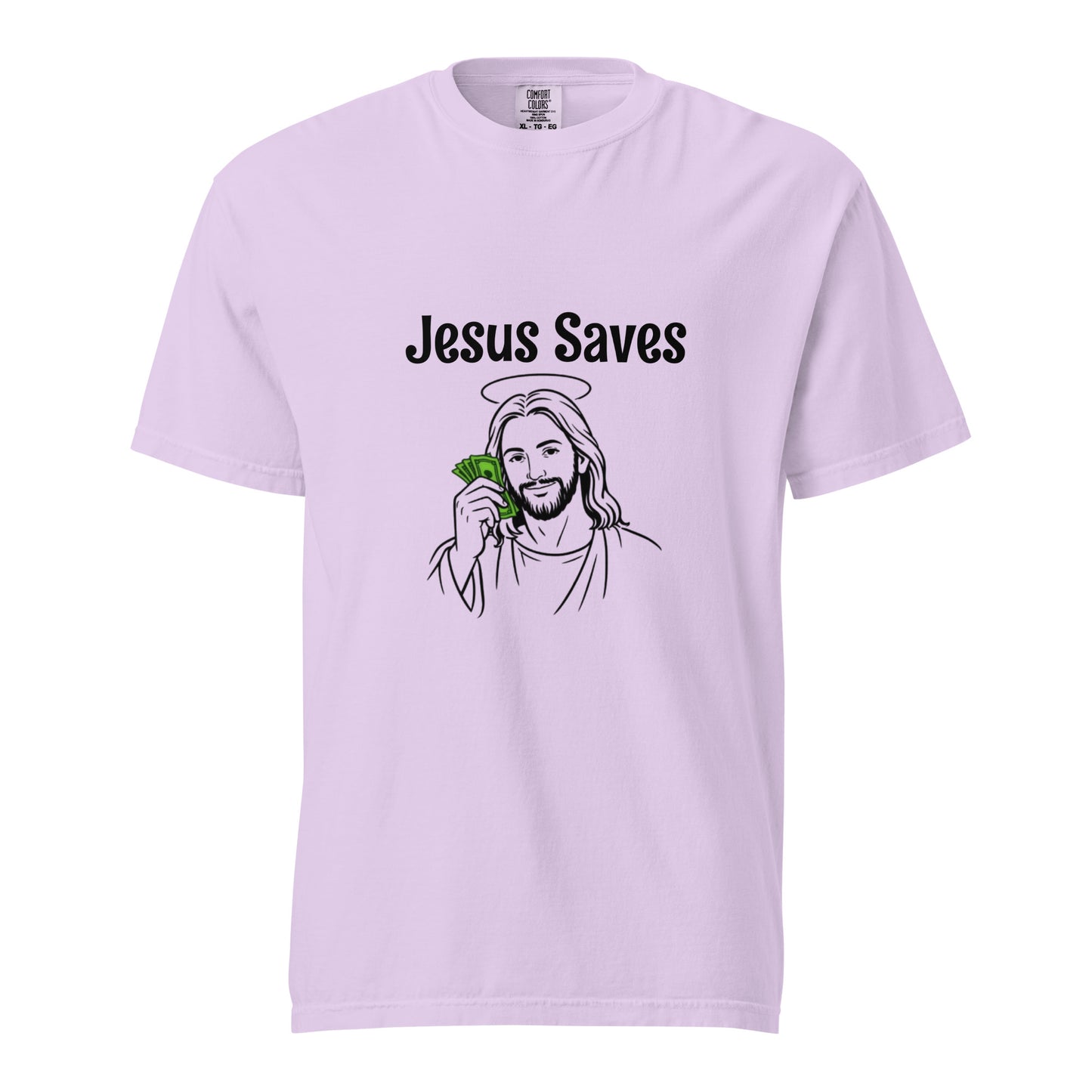Unisex garment-dyed heavyweight T-shirt with Jesus Saves graphic in orchid color, casual fit, from wayward.biz.