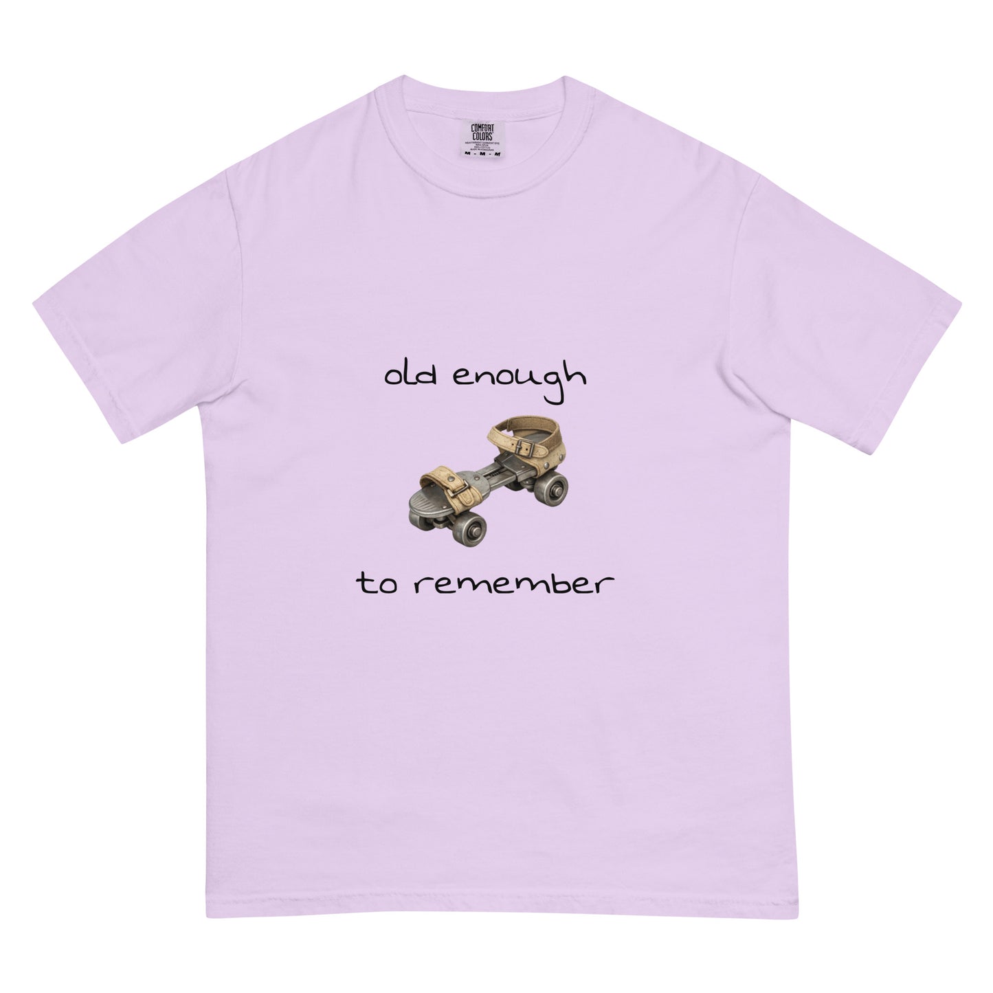 Unisex garment-dyed heavyweight steel roller skates t-shirt in orchid color, featuring bold graphics on the front.