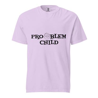 Unisex Problem Child heavyweight T-shirt by wayward.biz in orchid, garment-dyed fabric, front view showing fit and color.